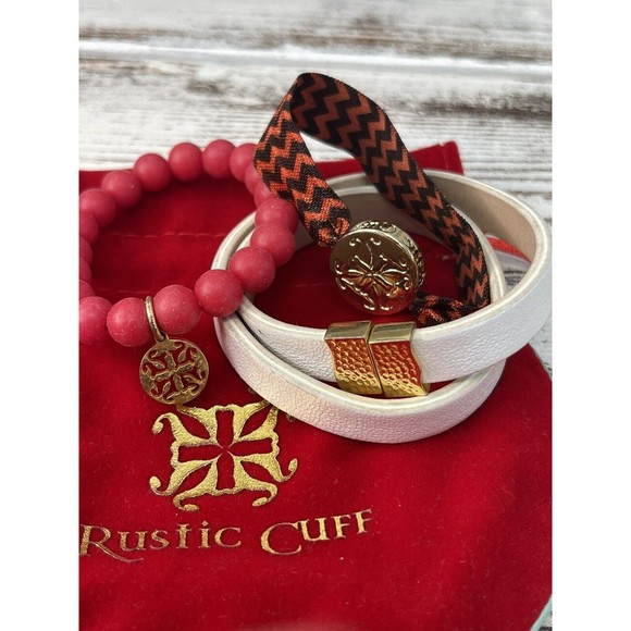 Rustic Cuff‎ 3 Piece Set Bracelets Red Gold Double wrap Beaded - Picture 2 of 4